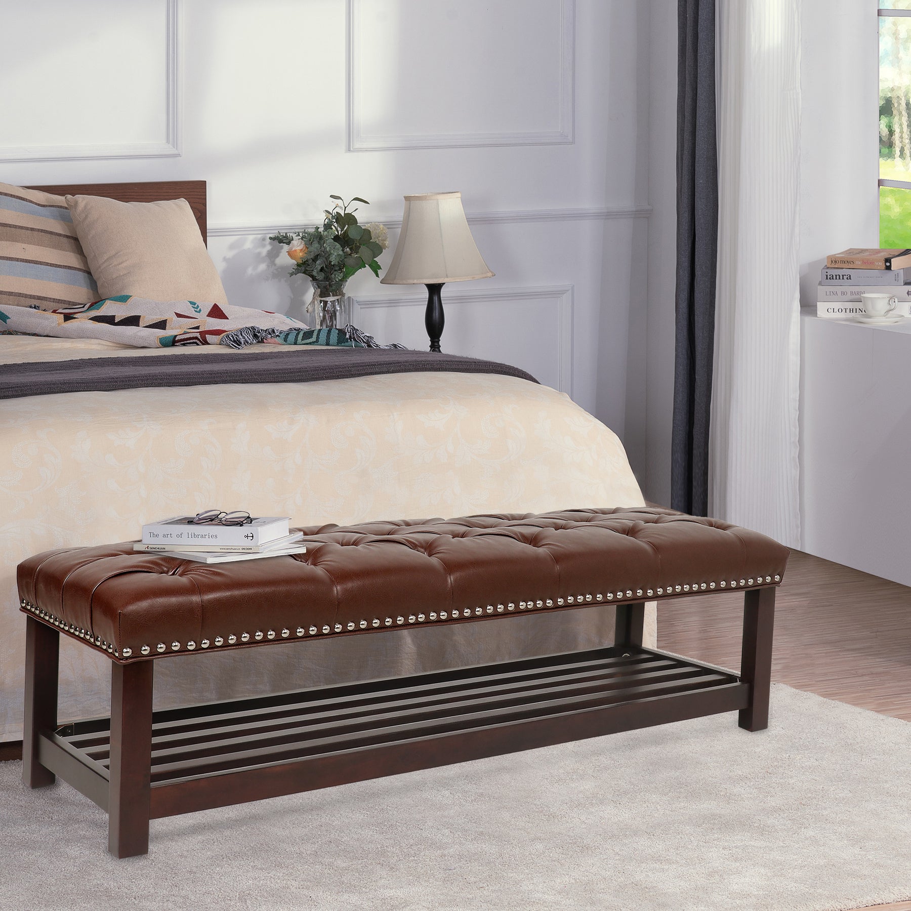 Upholstered Bench with Wooden Base for Bedroom and Entryway