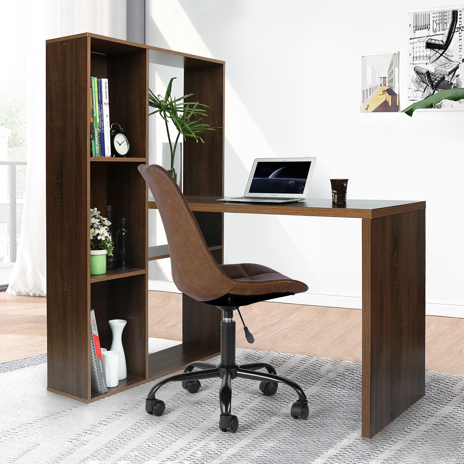 2-in-1 Computer Desk/ L-shape with shelves in Walnut