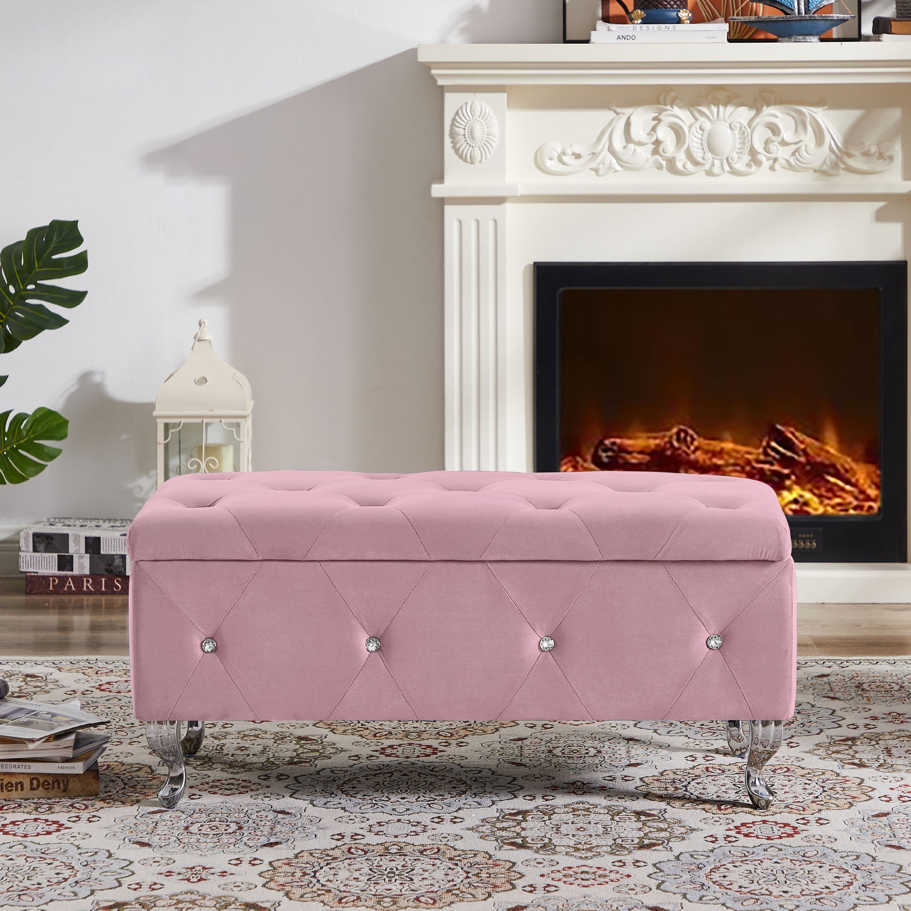 Pink Velvet Flip Top Storage Bench