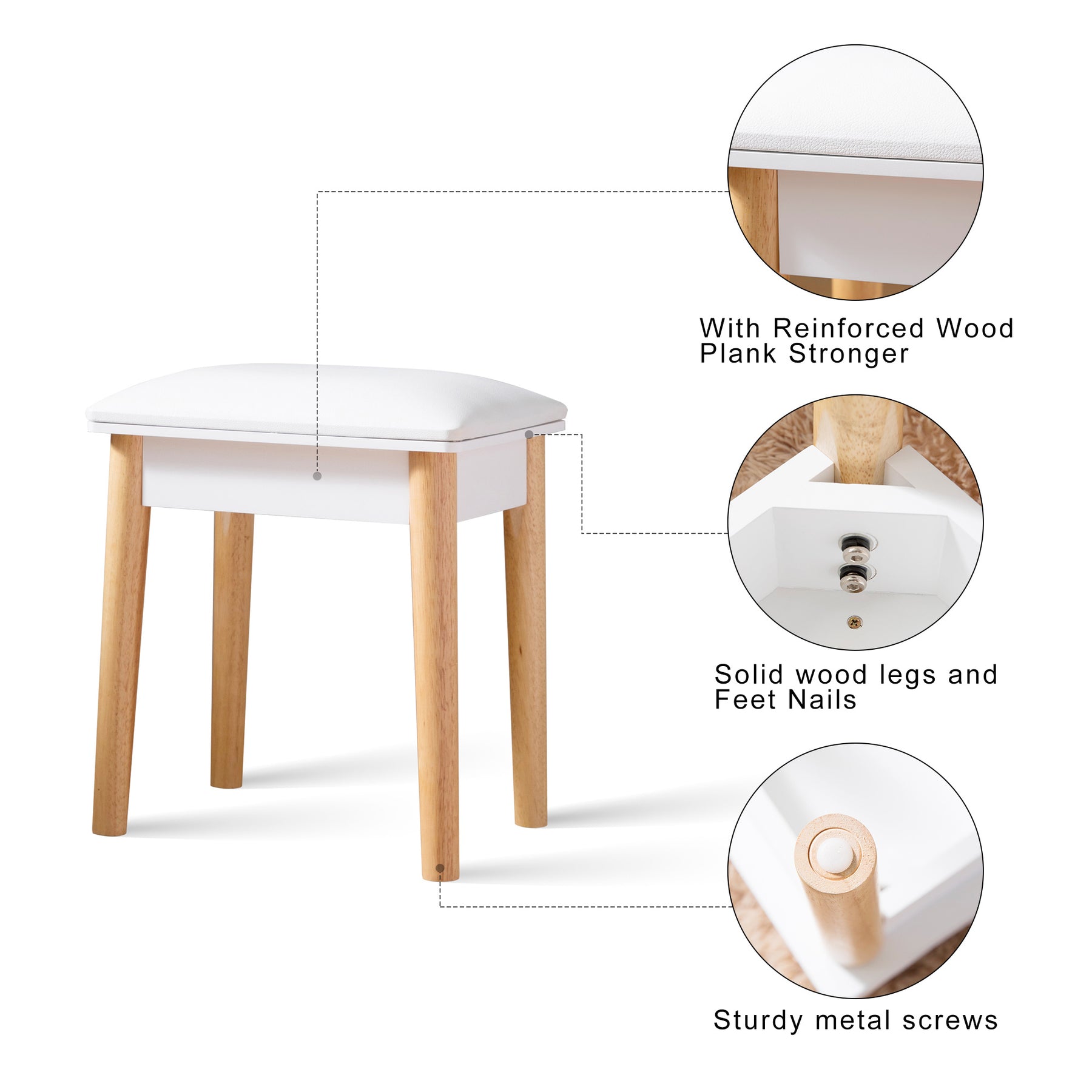 Wooden Vanity/Dressing/Makeup Stool (White)