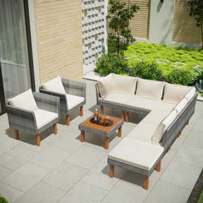 9-Piece Outdoor Patio Garden Wicker Sofa Set with Wood Legs