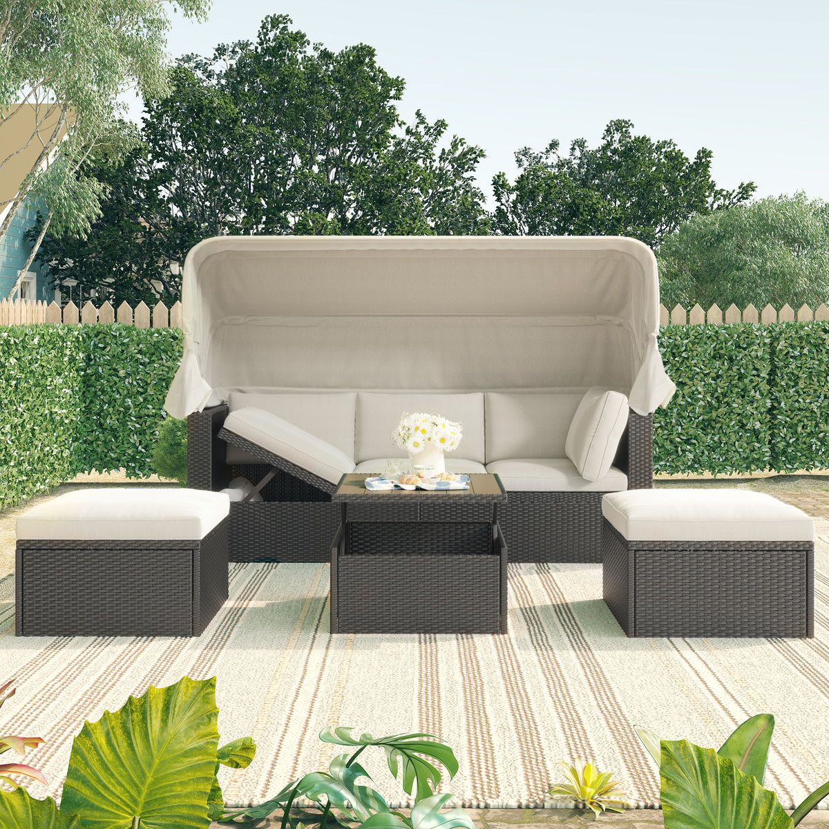 Outdoor Patio Rectangle Daybed with Retractable Canopy