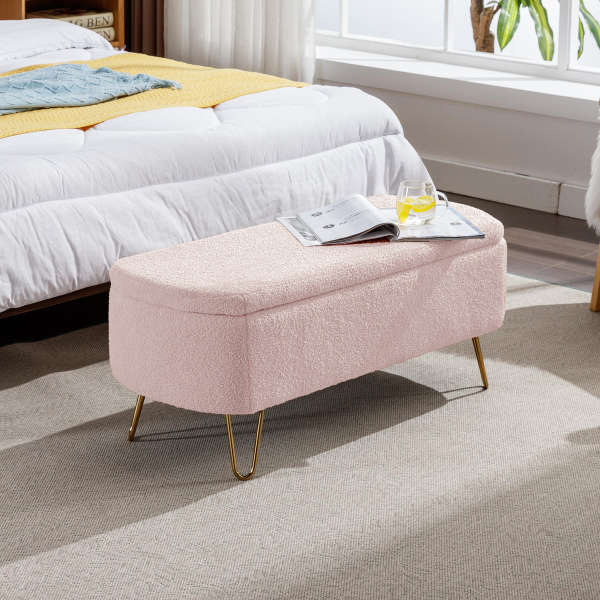 Modern Pink Storage Ottoman Bench with Gold Legs