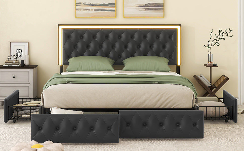 Queen Bed Frame with 4 Storage Drawers, PU Leather Platform