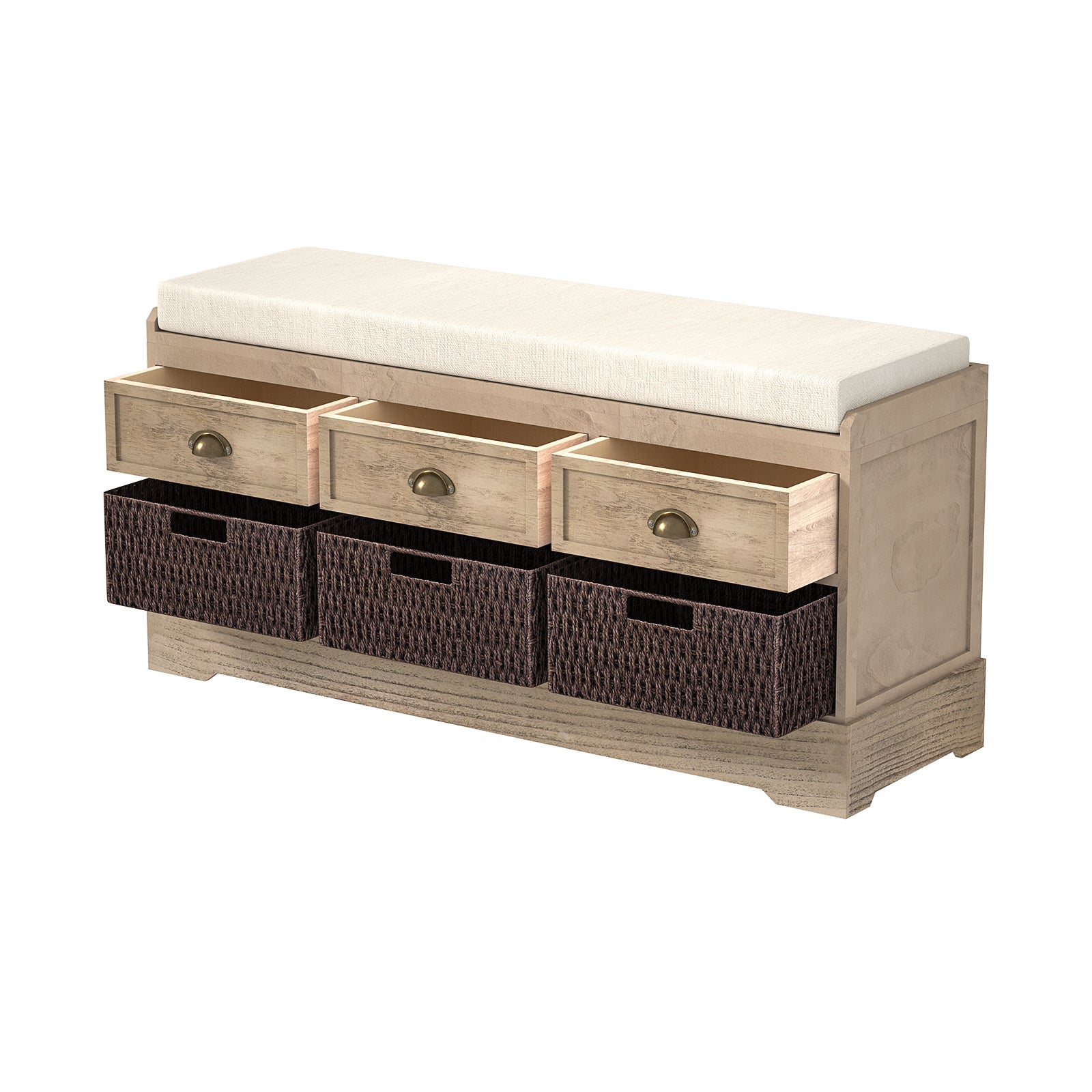 Storage Bench with 3 Drawers | 3 Rattan Baskets and Removable Cushion