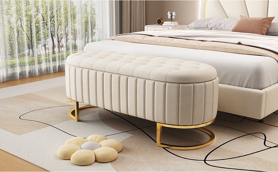 Beige Button-Tufted Velvet Storage