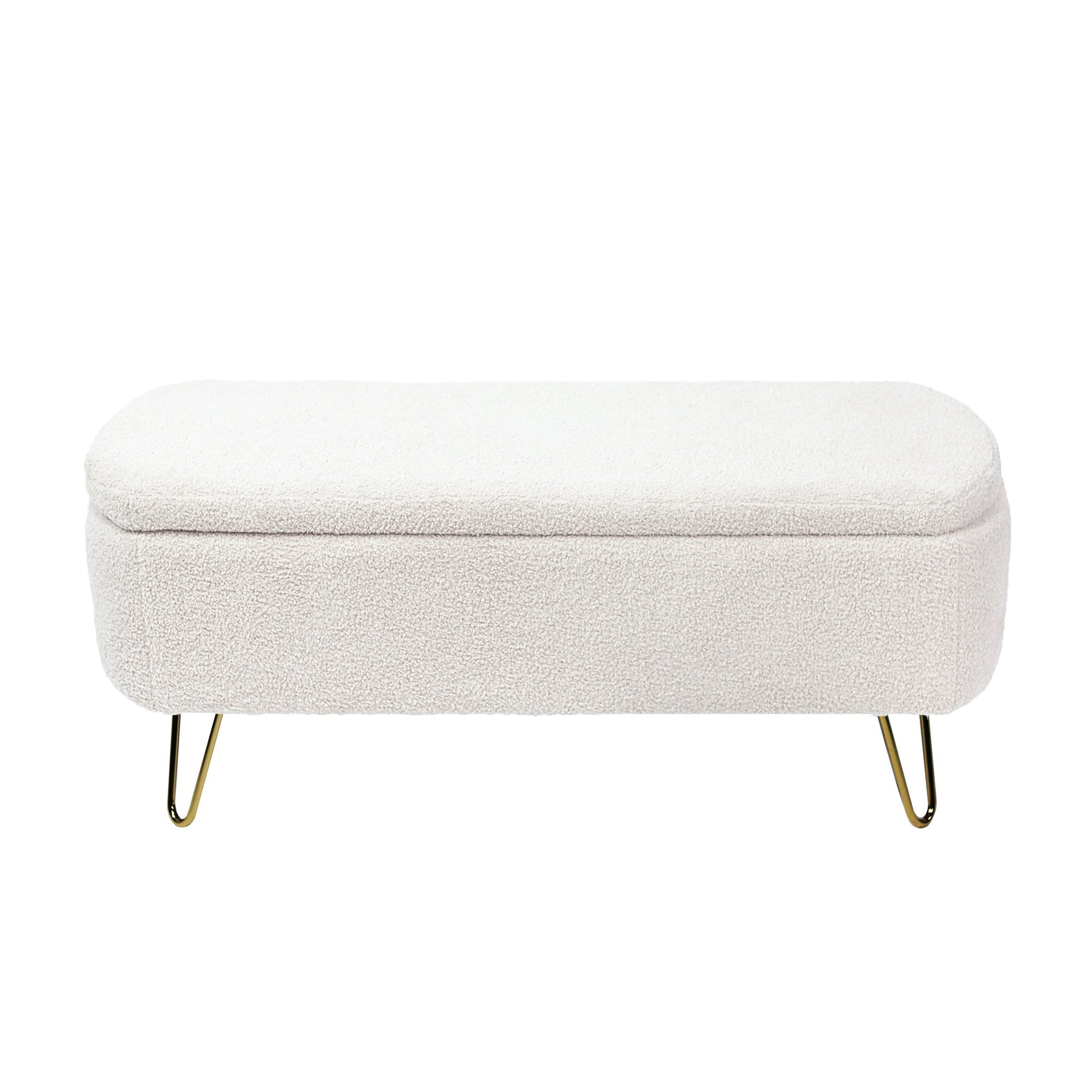 Modern Ivory White Faux Fur Storage Ottoman Bench with Gold Legs