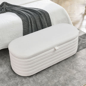 Modern Upholstered Fabric Storage Ottoman Bench with Safety Hinge (White Teddy)