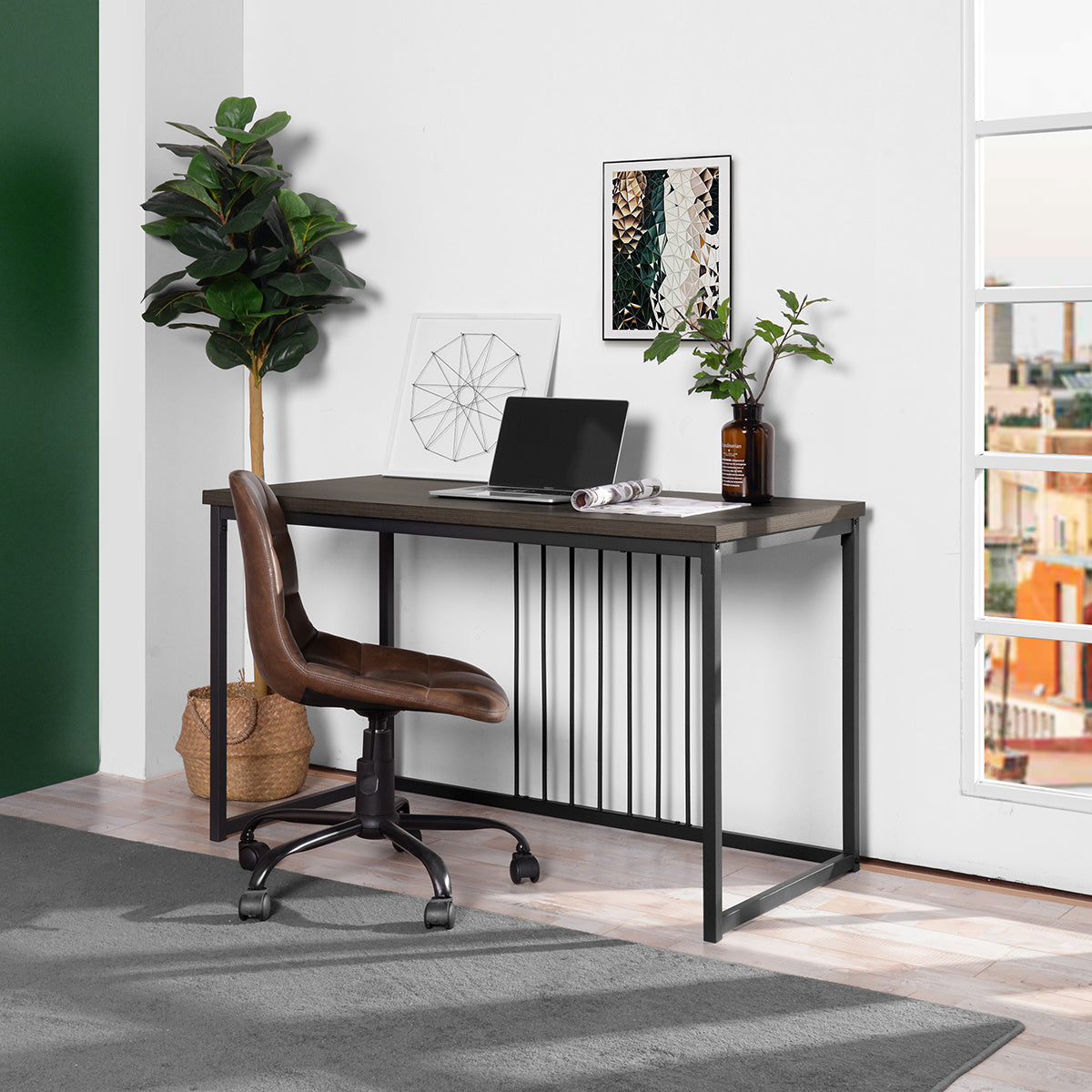 Square Computer Desk in Walnut & Black