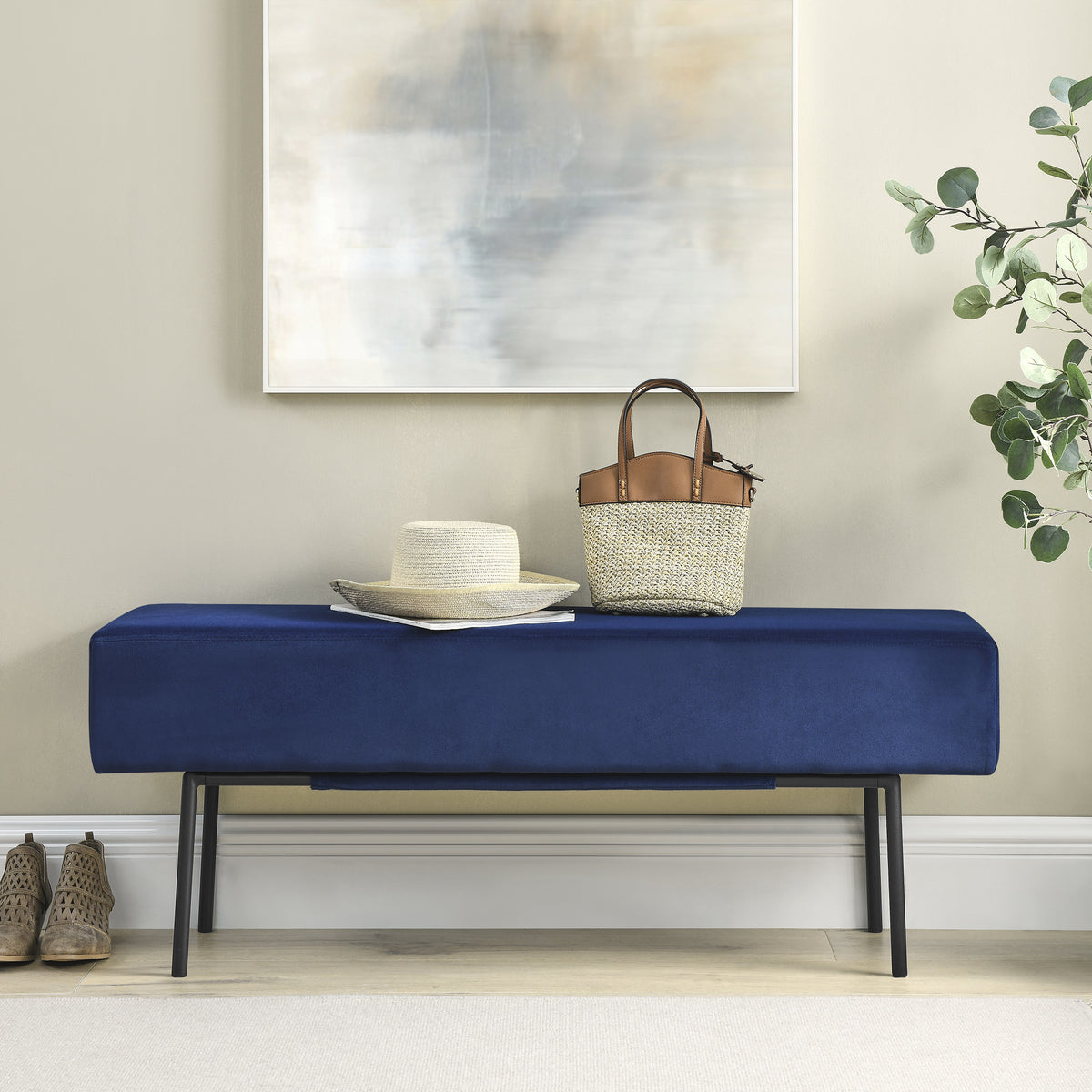 Blue Contemporary Style Bedroom Velvet Upholstered Bench