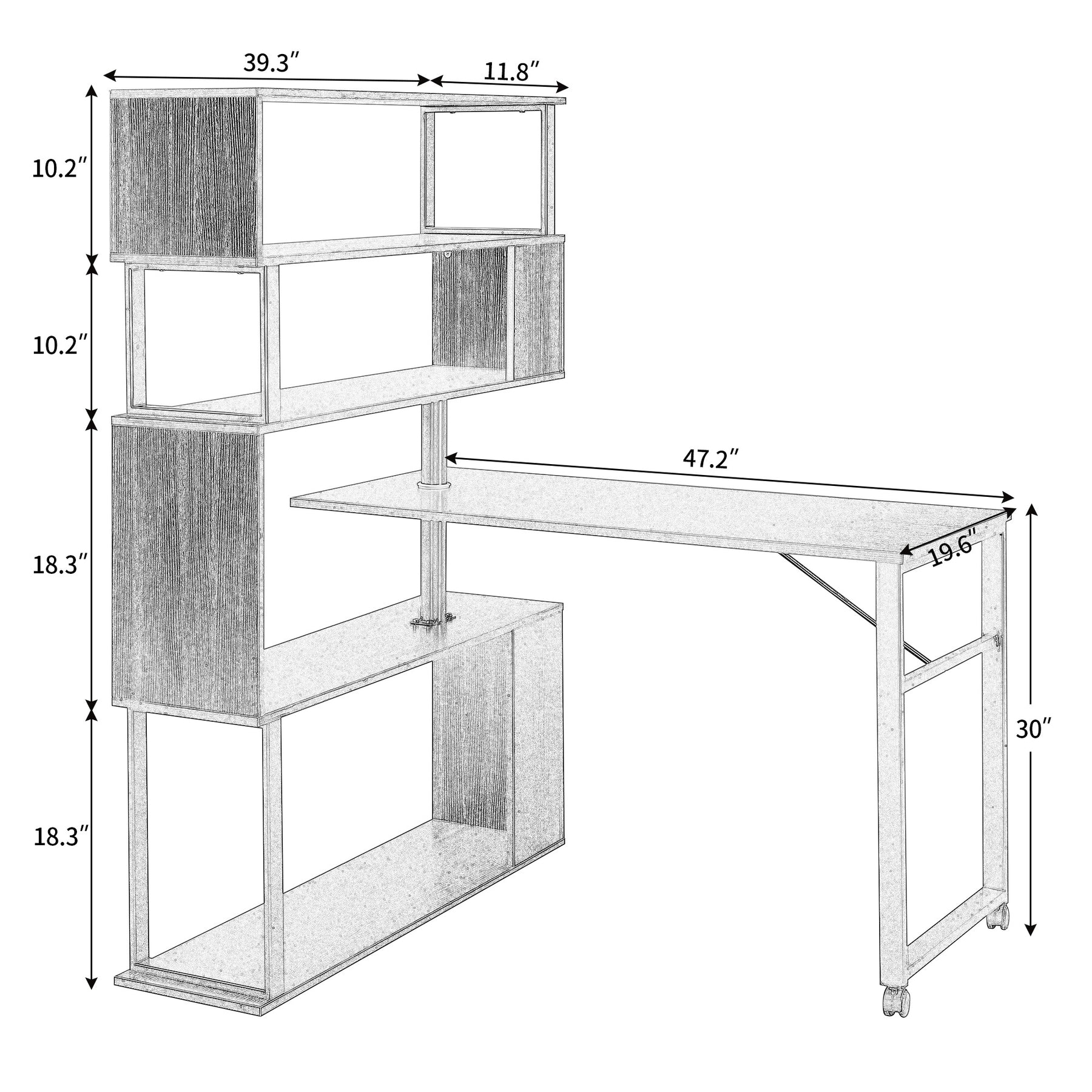 Rotating Computer Desk with 5-Story Bookshelf in Black