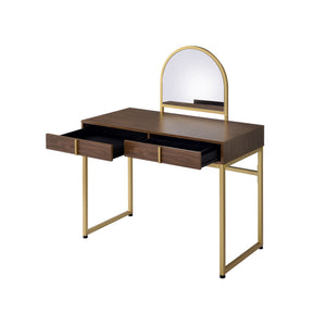 Coleen Vanity Desk w/Mirror & Jewelry Tray in Walnut & Gold Finish