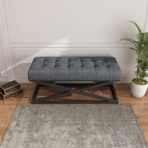 Vintage Vegan Leather Bed Bench with Retro Metal Base (Dark grey)