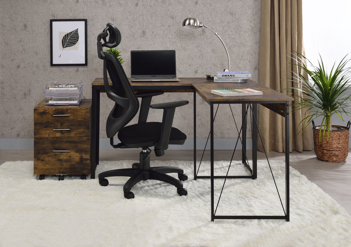 Zaidin L-Shaped Writing Desk in Weathered Oak & Black Finish