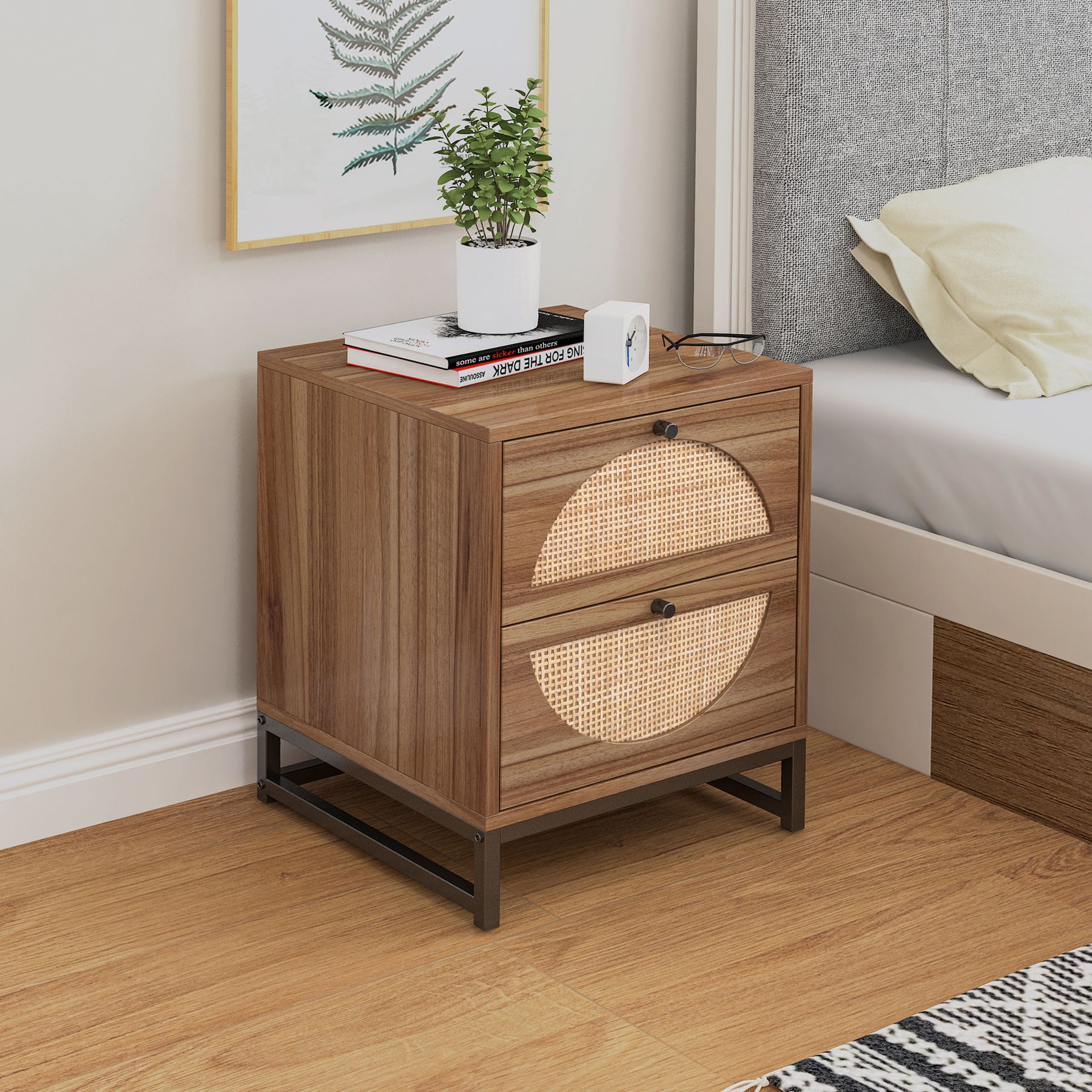 Natural Rattan 2 Drawer Nightstand Side Table