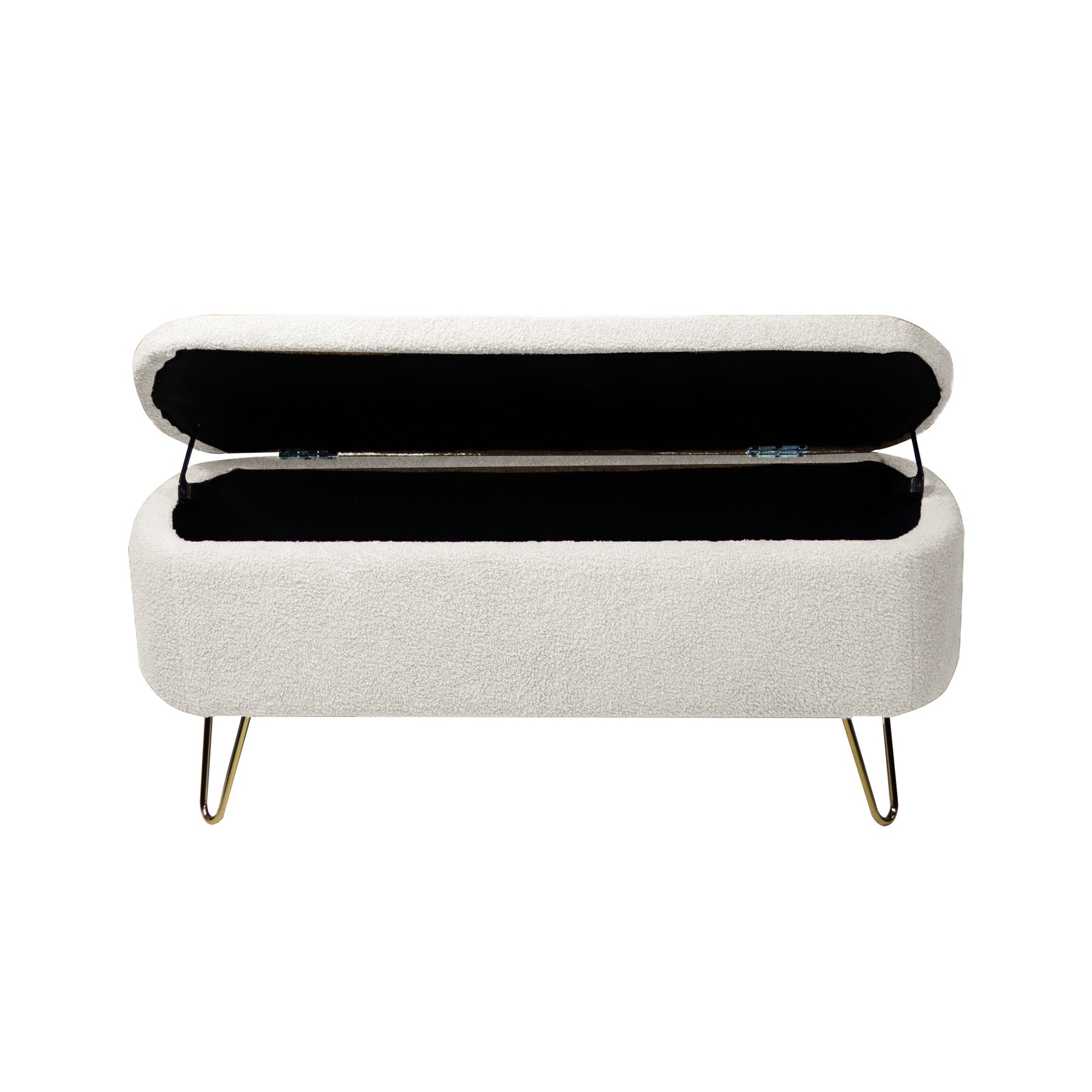 Modern Ivory White Faux Fur Storage Ottoman Bench with Gold Legs