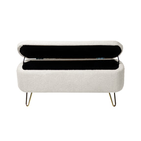 Modern Ivory White Faux Fur Storage Ottoman Bench with Gold Legs