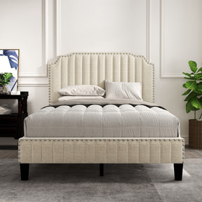 Modern Curved Linen Upholstered Platform Bed | Full Size