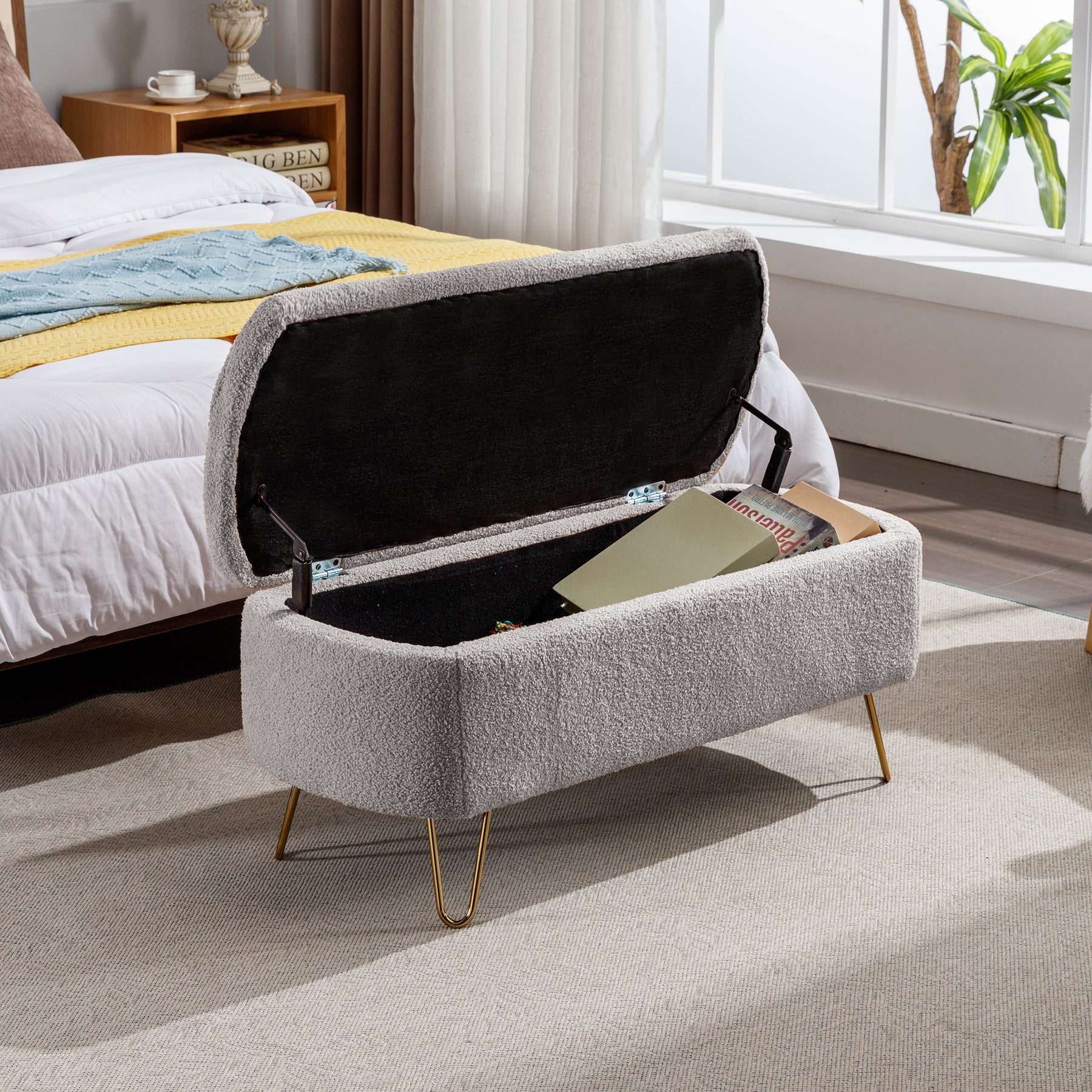 Modern Storage Ottoman Bench with Gold Legs (Grey)