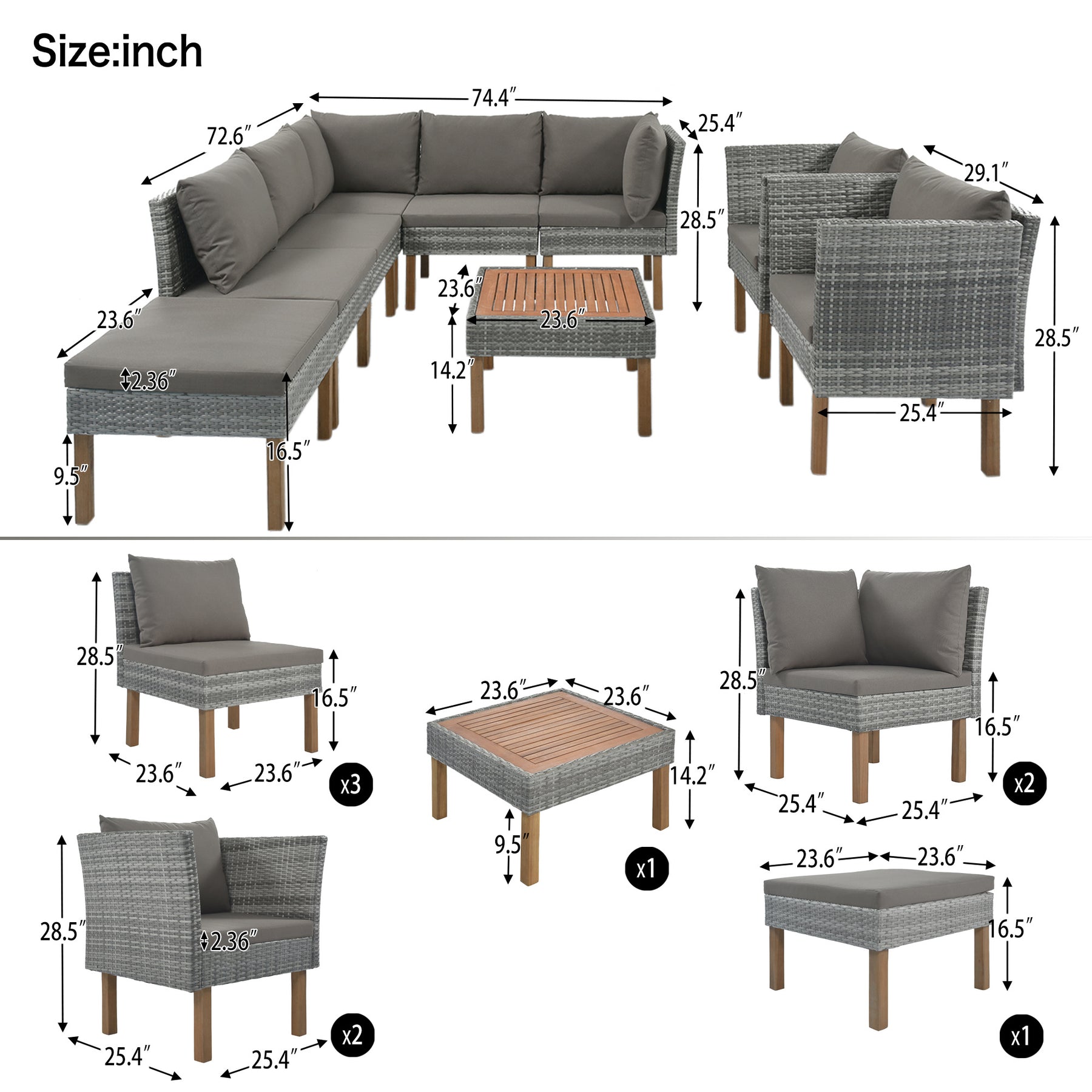 9-Piece Outdoor Patio Garden Wicker Sofa Set with Wood Legs