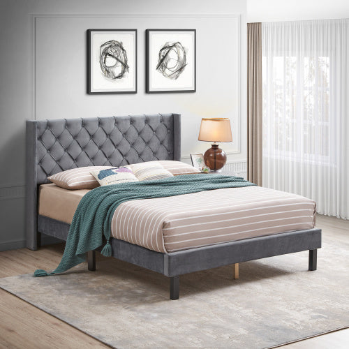 Button Tufted Linen Upholstered Bed with Curved Design | Queen Size