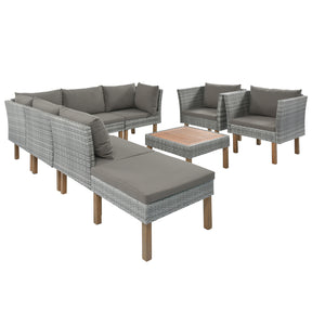 9-Piece Outdoor Patio Garden Wicker Sofa Set with Wood Legs