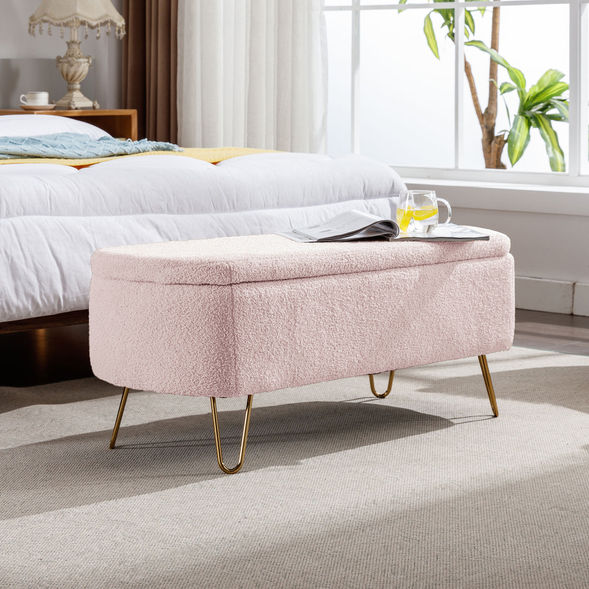 Modern Pink Storage Ottoman Bench with Gold Legs