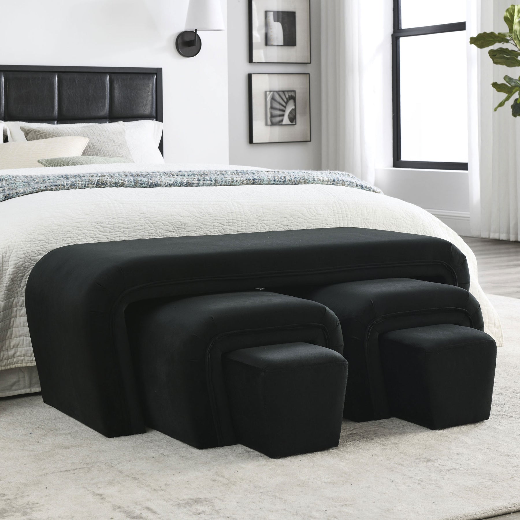 Modern Contemporary Upholstered Nesting Bench including Four Nesting Benches (Velvet Black)