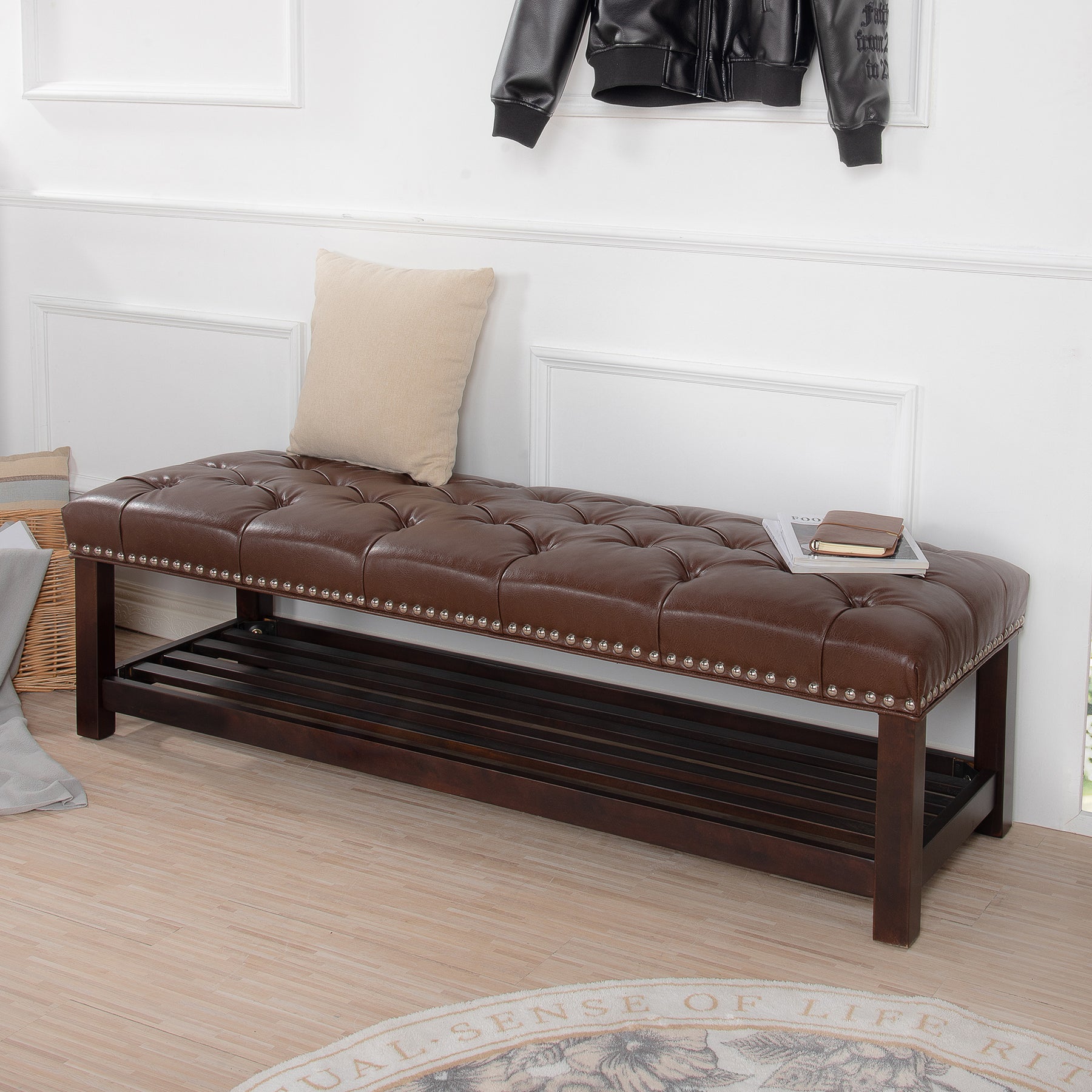 Upholstered Bench with Wooden Base for Bedroom and Entryway