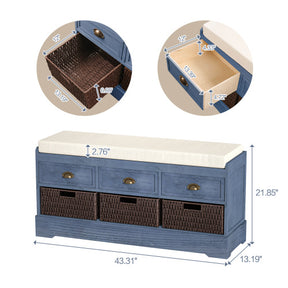 Storage Bench with 3 Drawers | 3 Rattan Baskets and Removable Cushion (Blue)