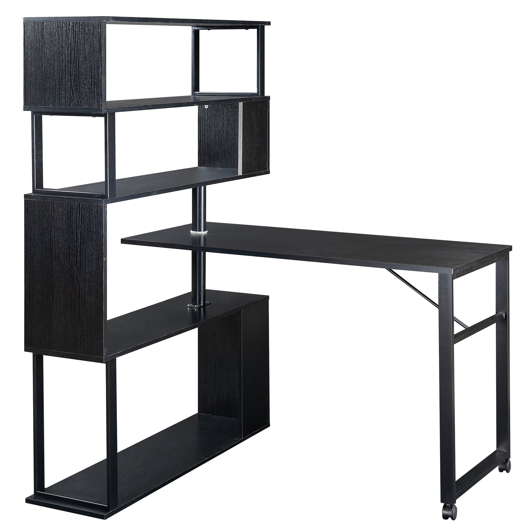 Rotating Computer Desk with 5-Story Bookshelf in Black