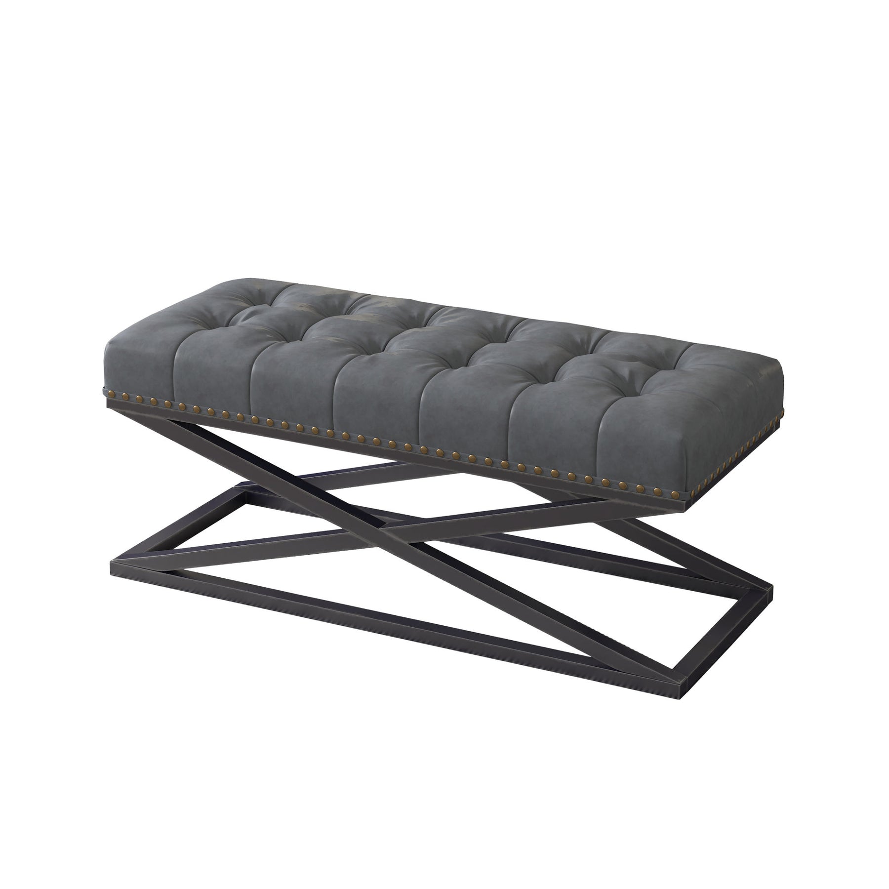 Vintage Vegan Leather Bed Bench with Retro Metal Base (Dark grey)