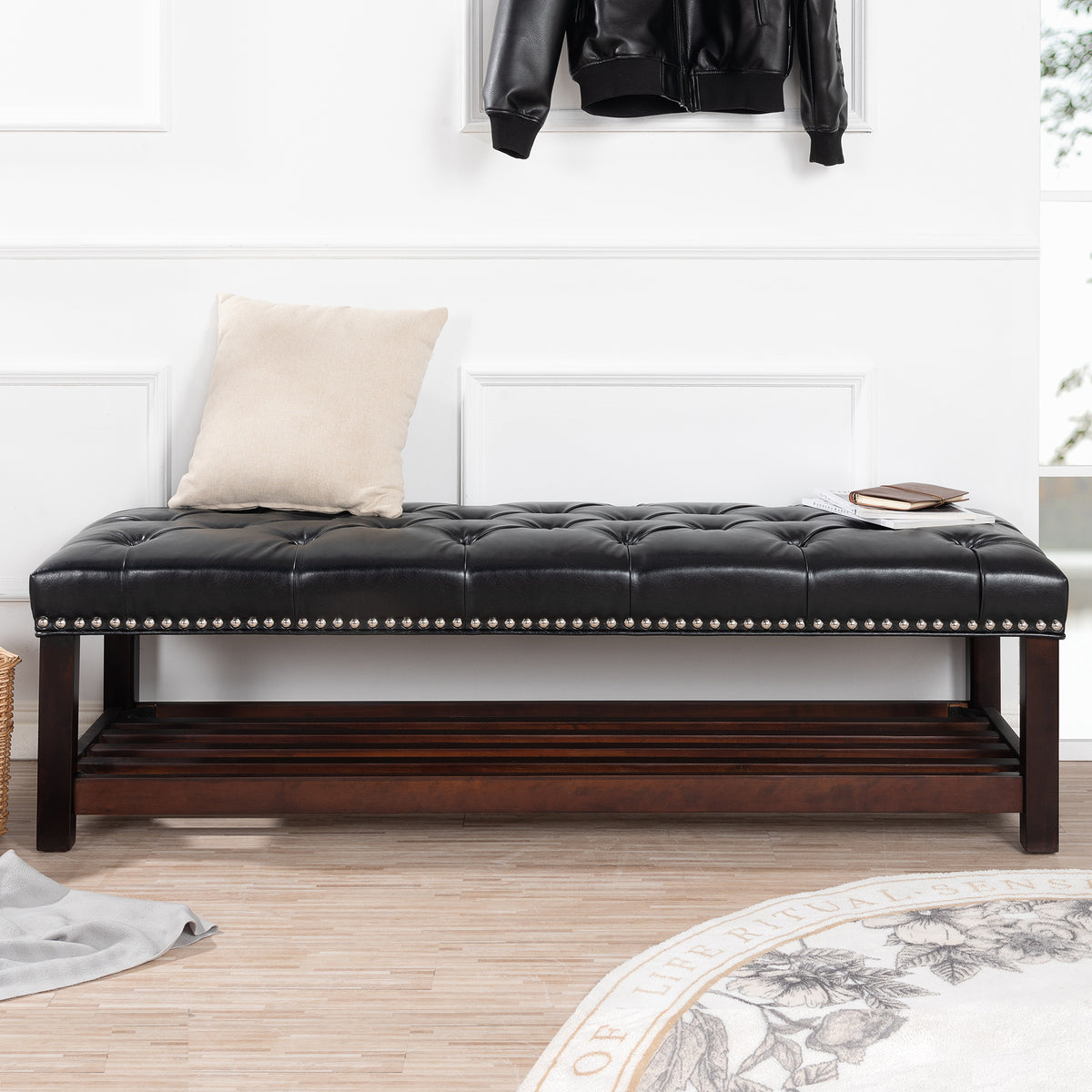 Upholstered Bench with Wooden Base for Bedroom and Entryway