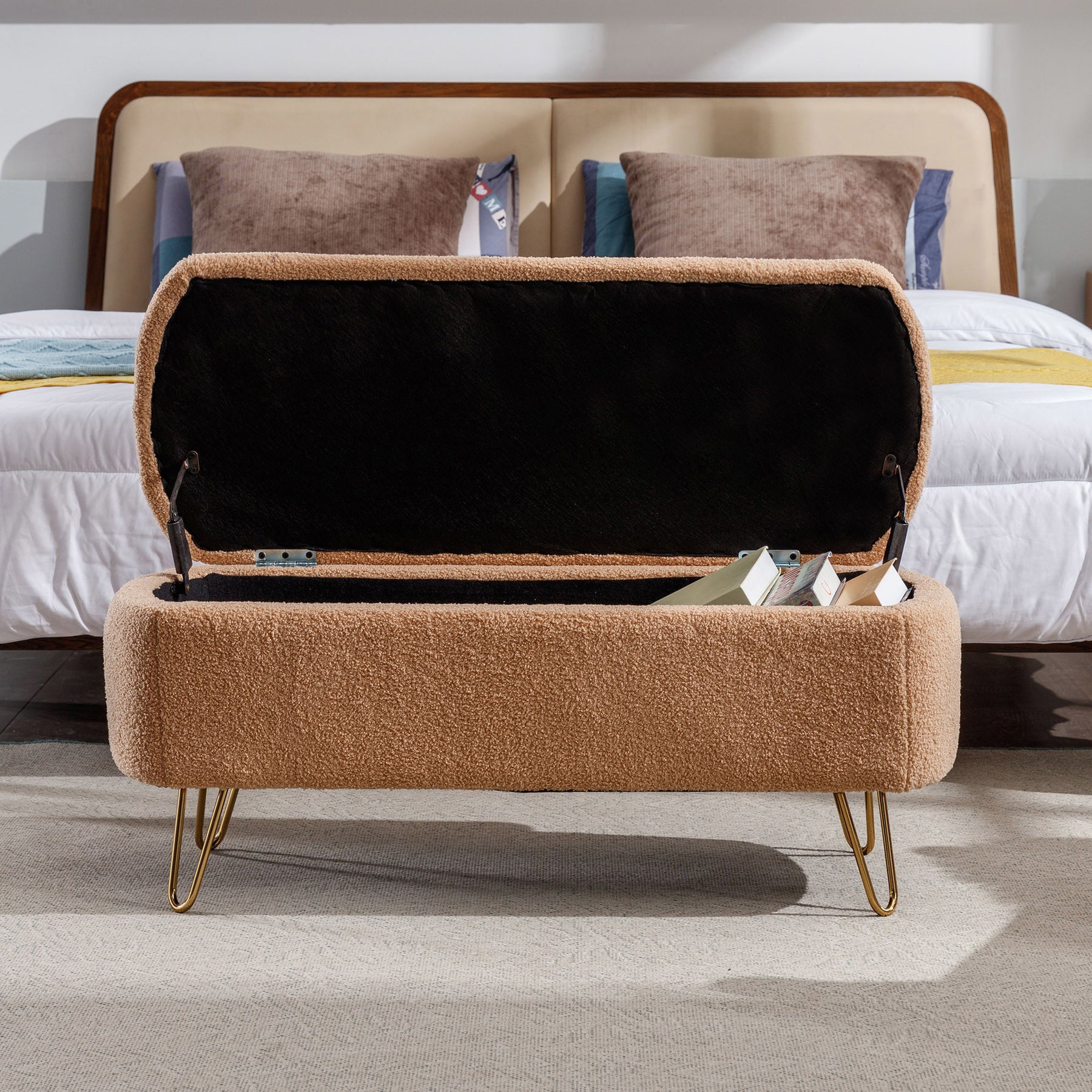 Modern Camel Storage Ottoman Bench with Gold Legs