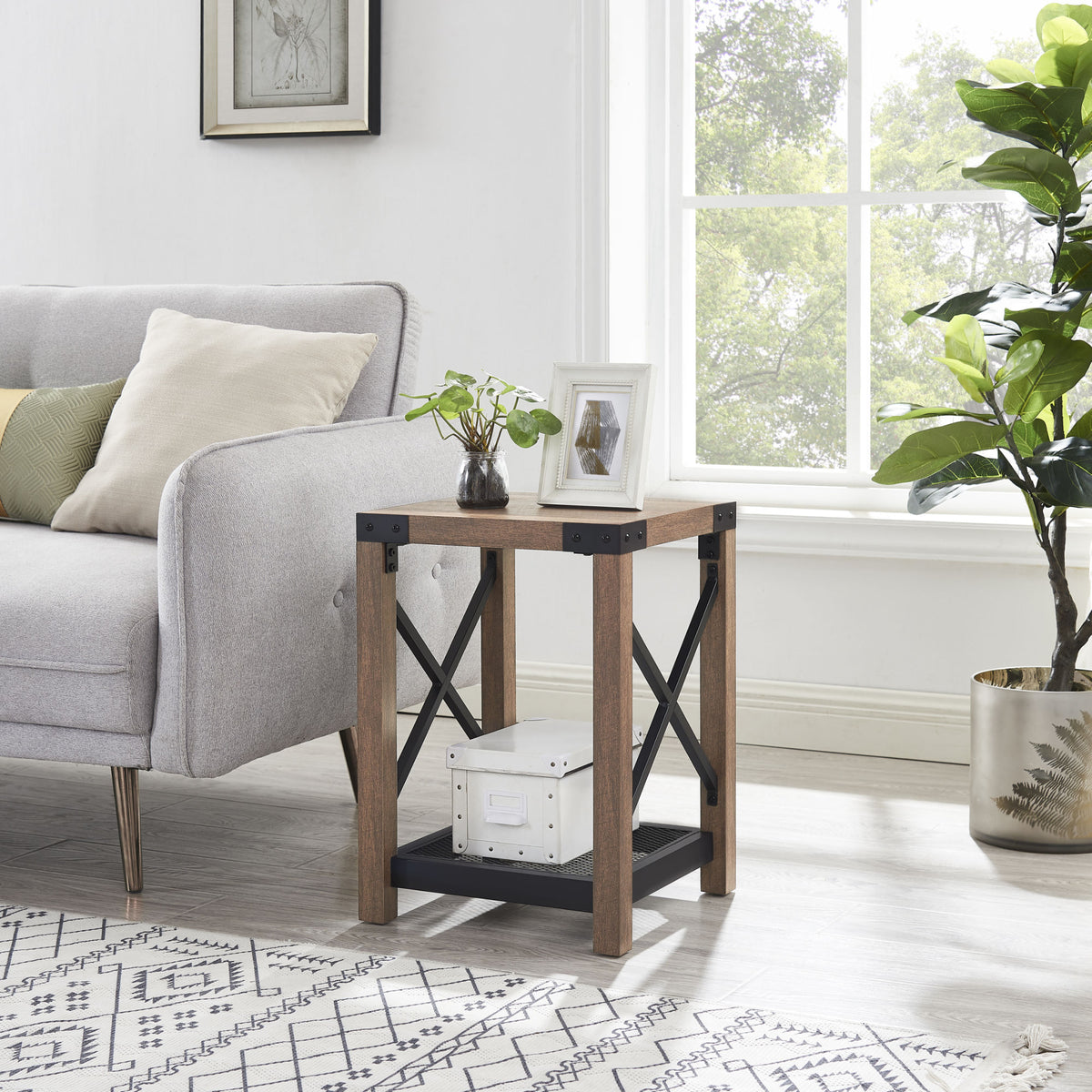 Nightstand with Mesh Shelf Wood Side Table