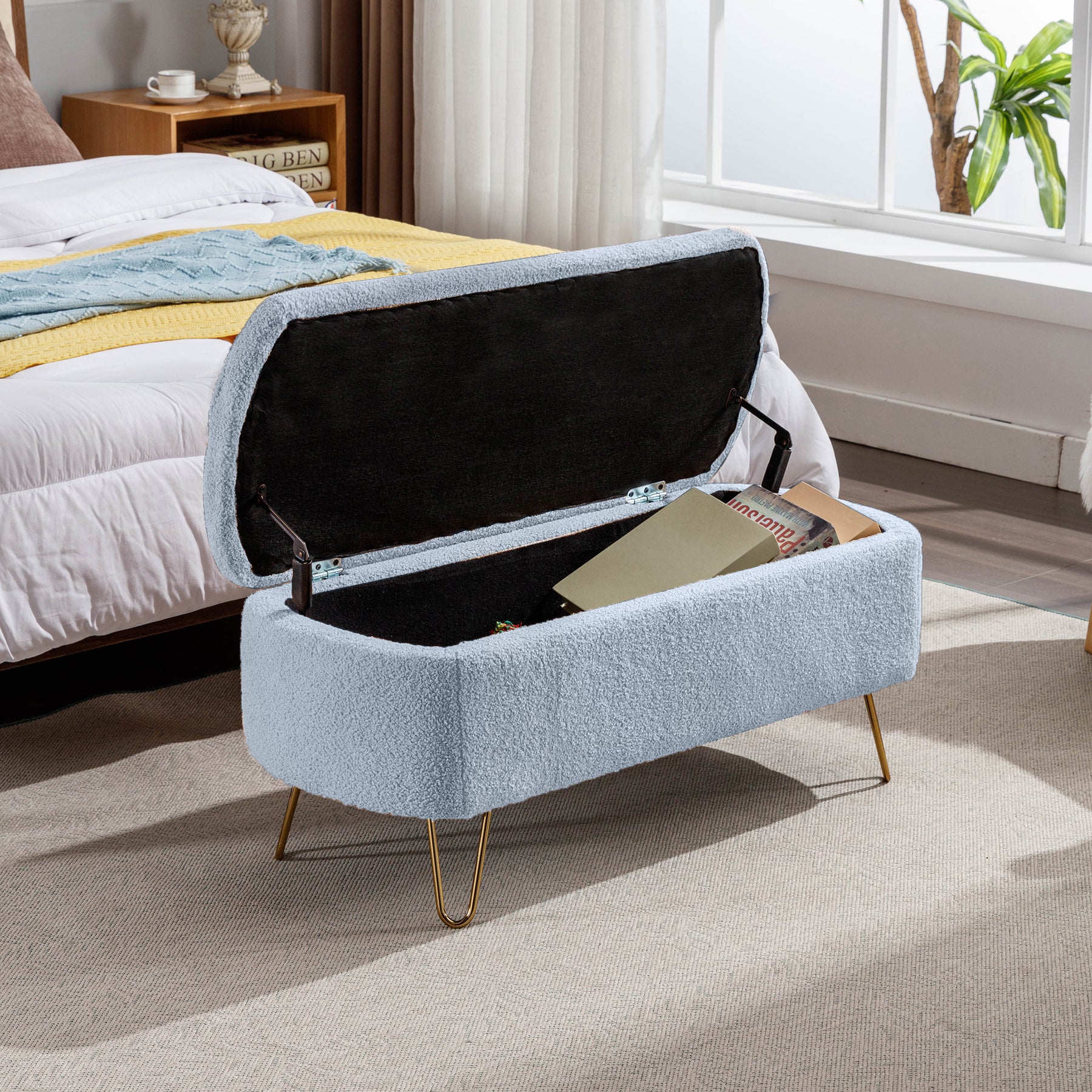 Modern Blue Storage Ottoman Bench with Gold Legs