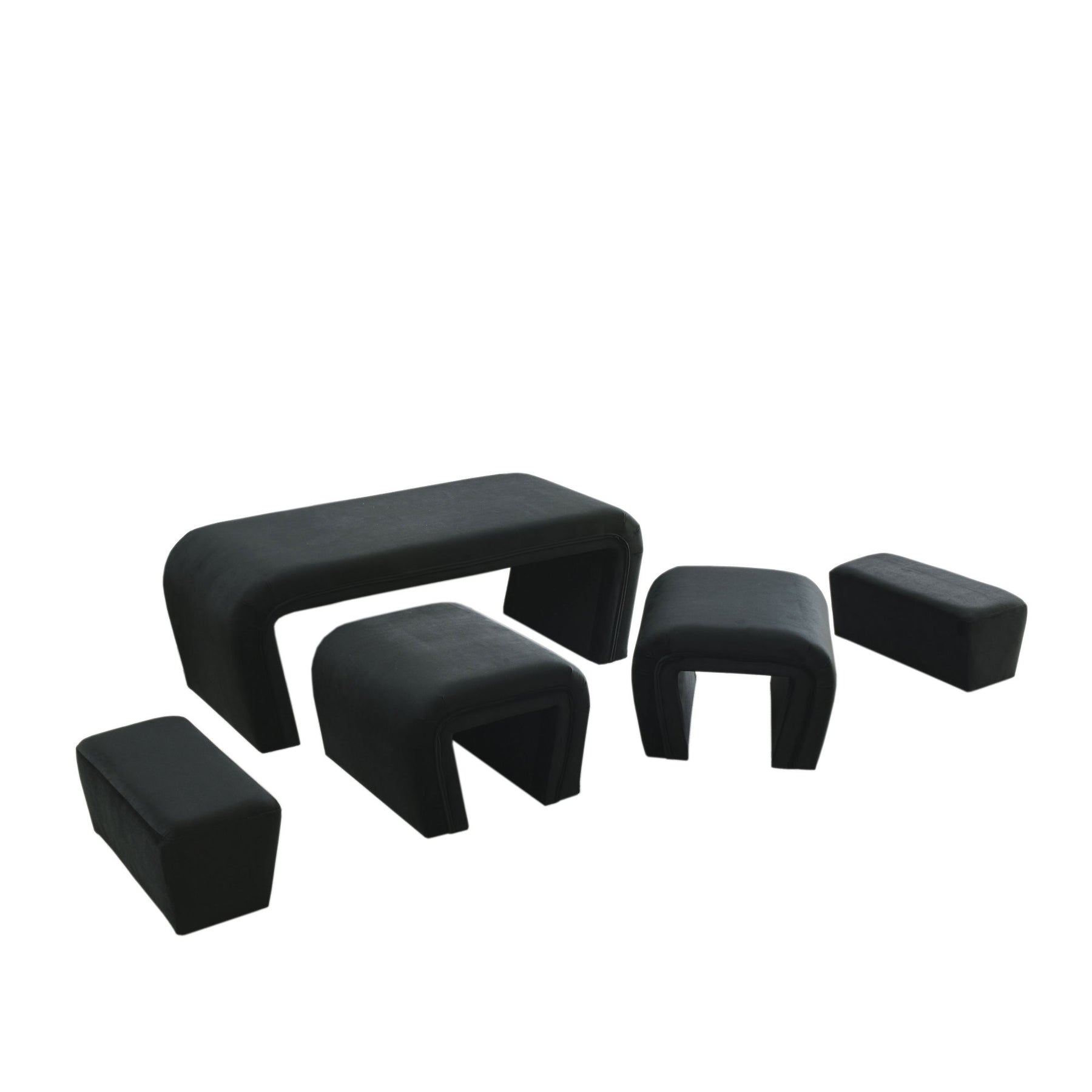 Modern Contemporary Upholstered Nesting Bench including Four Nesting Benches (Velvet Black)