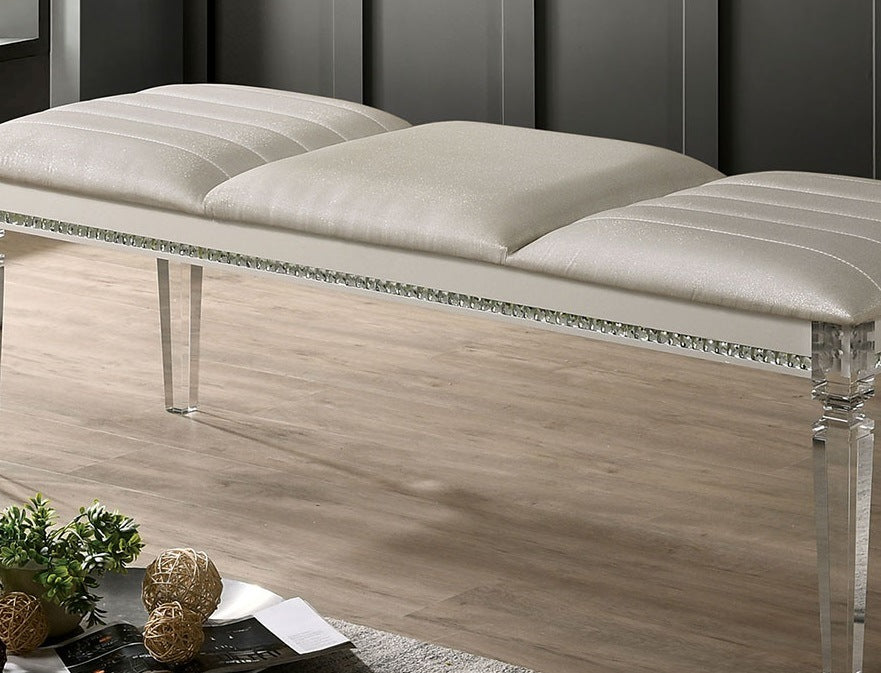 Pearl White Antique Bench: Classic Elegance with Wood, Acrylic, and Crystal Accents